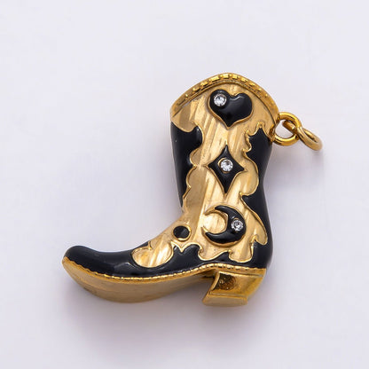 PVD Stainless Steel 27mm Clear, Red CZ Black Enamel Western Cowboy Boot Charm in Gold &amp; Silver | Charms-00782 ~ Charms-00785