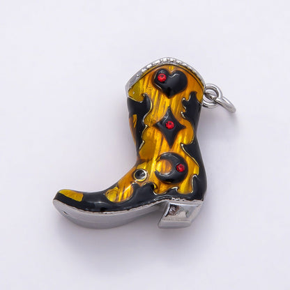 PVD Stainless Steel 27mm Clear, Red CZ Black Enamel Western Cowboy Boot Charm in Gold &amp; Silver | Charms-00782 ~ Charms-00785