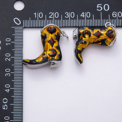 PVD Stainless Steel 27mm Clear, Red CZ Black Enamel Western Cowboy Boot Charm in Gold &amp; Silver | Charms-00782 ~ Charms-00785