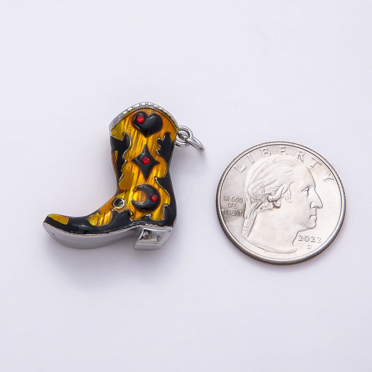 PVD Stainless Steel 27mm Clear, Red CZ Black Enamel Western Cowboy Boot Charm in Gold &amp; Silver | Charms-00782 ~ Charms-00785