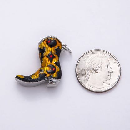 PVD Stainless Steel 27mm Clear, Red CZ Black Enamel Western Cowboy Boot Charm in Gold &amp; Silver | Charms-00782 ~ Charms-00785