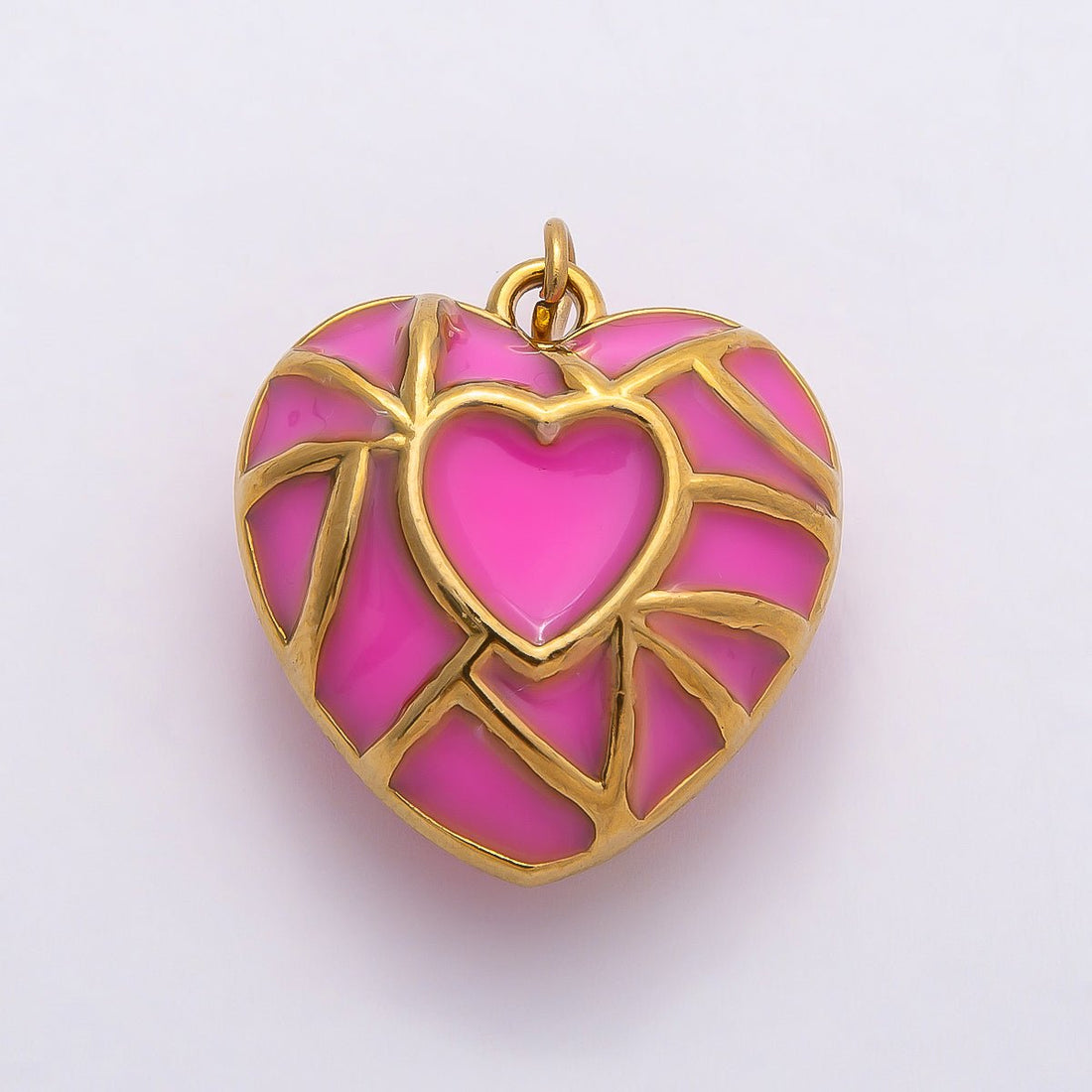 PVD Stainless Steel 27mm Pink Enamel Mosaic Puffy Heart Charm | Charms-00788