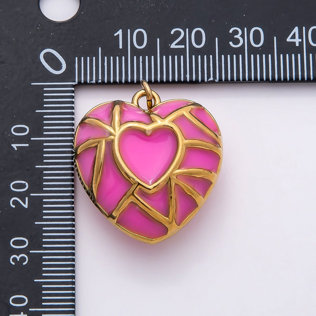 PVD Stainless Steel 27mm Pink Enamel Mosaic Puffy Heart Charm | Charms-00788