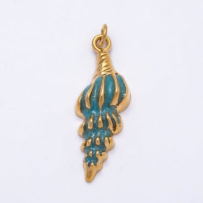 PVD Stainless Steel 37mm Blue Glitter Enamel Conch Shell Beach Charm | Charms-00781
