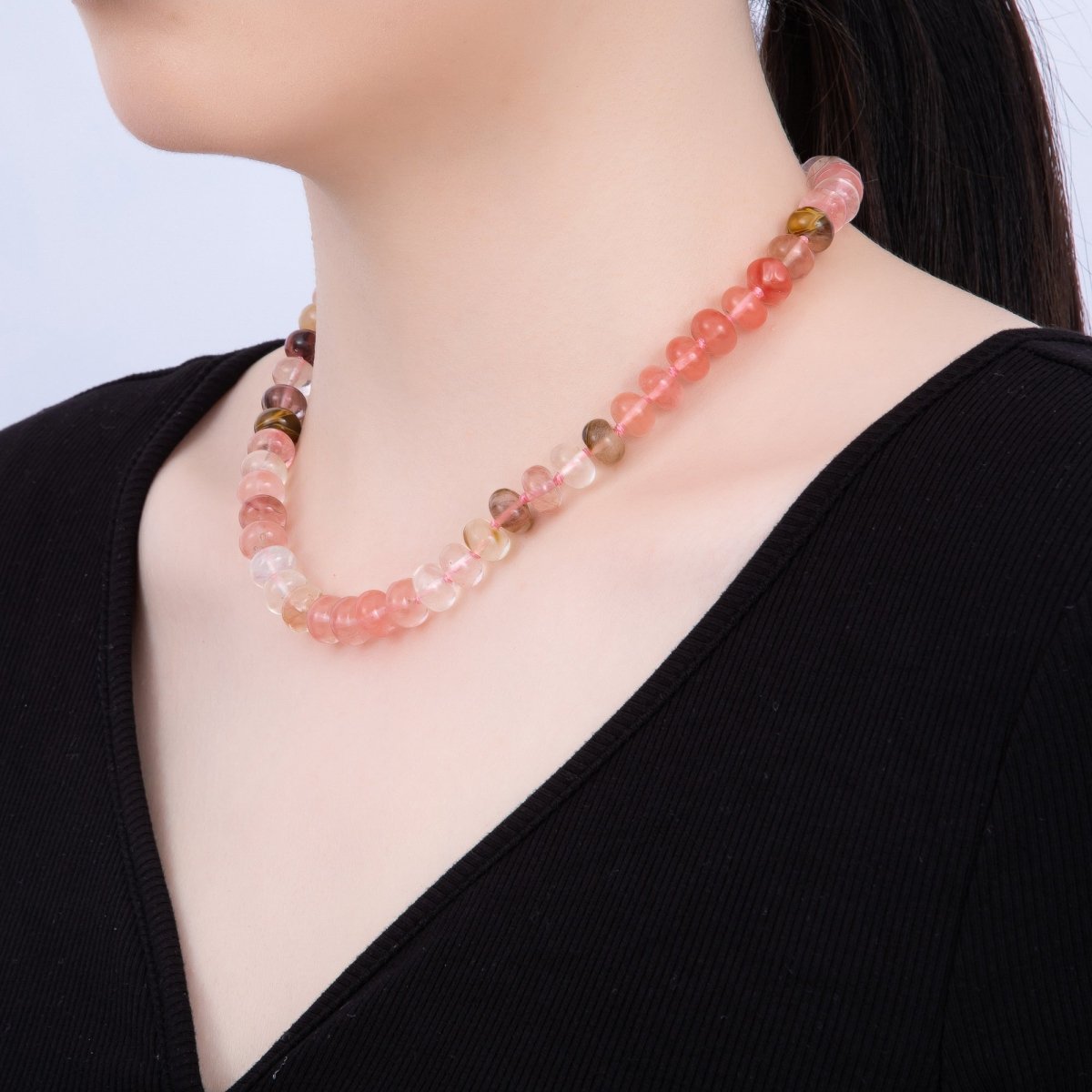 PVD Stainless Steel Natural Gemstone Rondelle Bead 17 Inch Necklace w Extender | WA-04351 - WA-04362