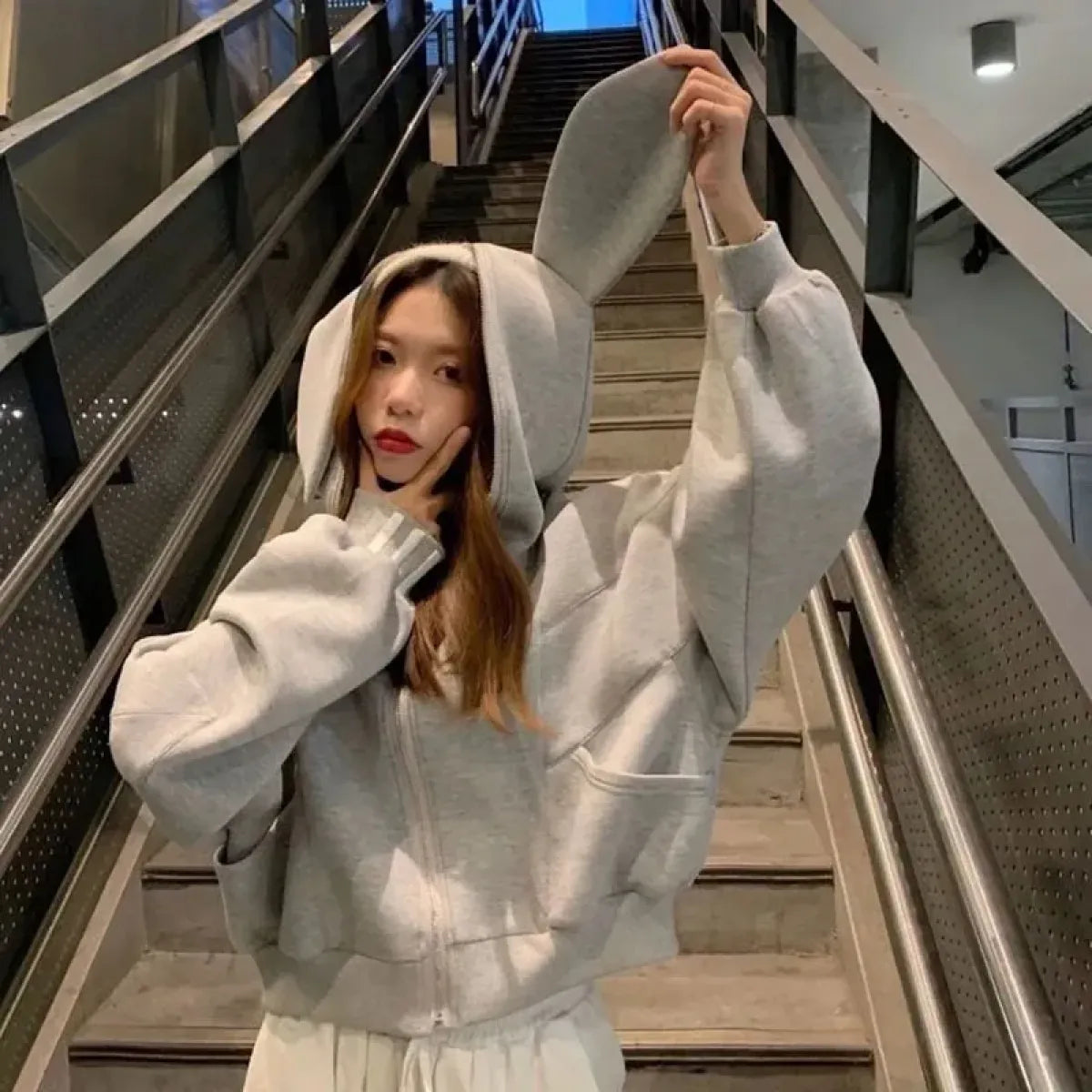 Rabbit Ear Zippered Hoodie - Women&