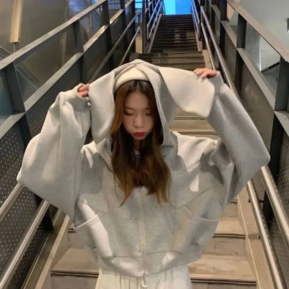 Rabbit Ear Zippered Hoodie - Women&