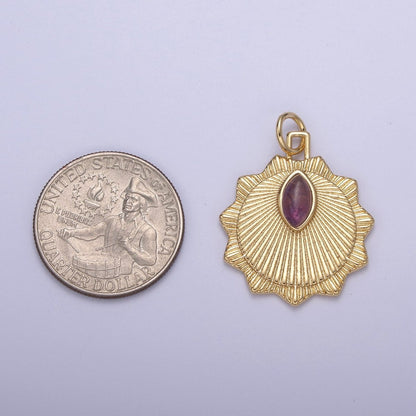 Radial Sun Token Medallion Charm Pendant for Necklace with Amethyst Gemstone N-399