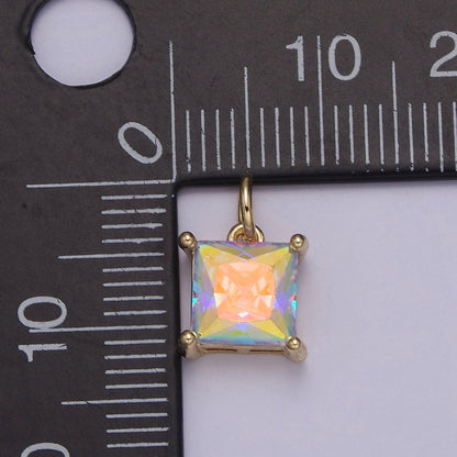Rainbow Cubic Zirconia AB Aurora Borealis dangle Square Charm 14k yellow gold filled boutique jewelry Supply E-421 E-652
