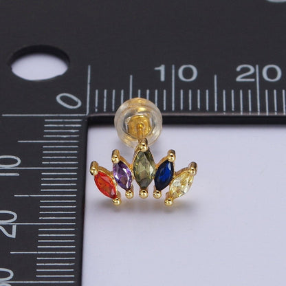 Rainbow Multicolor Marquise CZ Fan Lined Gold Stud Earrings | AD-564