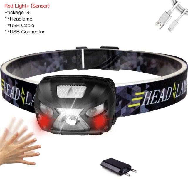 Rechargeable Adjustable  LED USB Headlight Powerfull Elastic High Lumens Headband Headlamp Motion Sensor Flashlight For Adults Kids Running Camping Hiking Camping