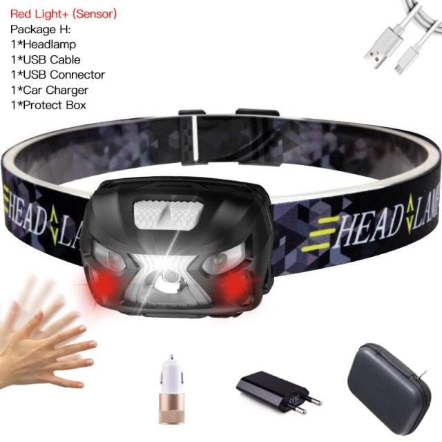 Rechargeable Adjustable  LED USB Headlight Powerfull Elastic High Lumens Headband Headlamp Motion Sensor Flashlight For Adults Kids Running Camping Hiking Camping