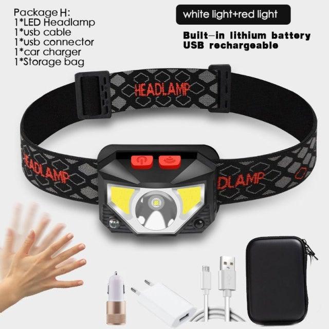 Rechargeable LED Powerfull Headlamp Flashlight USB Waterproof Headlamp Motion Body Sensor Headlight For Adults &amp; Kids Camping Flashlight Outdoors Camping Running Biking Fishing