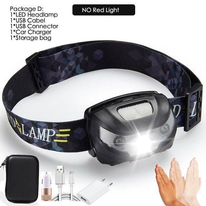 Rechargeable LED Powerfull Headlamp Flashlight USB Waterproof Headlamp Motion Body Sensor Headlight For Adults &amp; Kids Camping Flashlight Outdoors Camping Running Biking Fishing