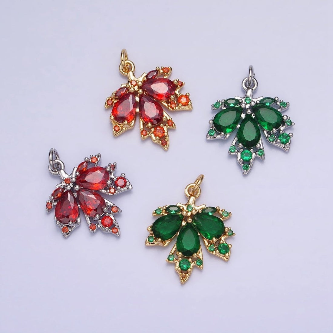 Red, Green Autumn Maple Leaf Teardrop Add-On CZ Charm in Gold &amp; Silver | AC600, AC619
