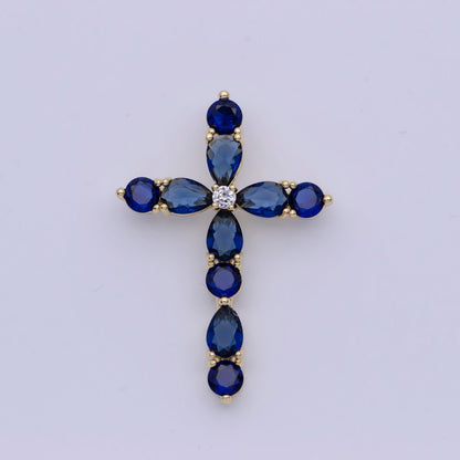 Religious Gold Cross Blue/Green Round Teardrop Cubic Zirconia Pendant Slider For Necklace | X-500 X-501