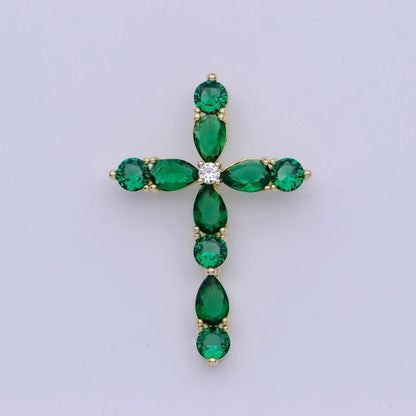 Religious Gold Cross Blue/Green Round Teardrop Cubic Zirconia Pendant Slider For Necklace | X-500 X-501