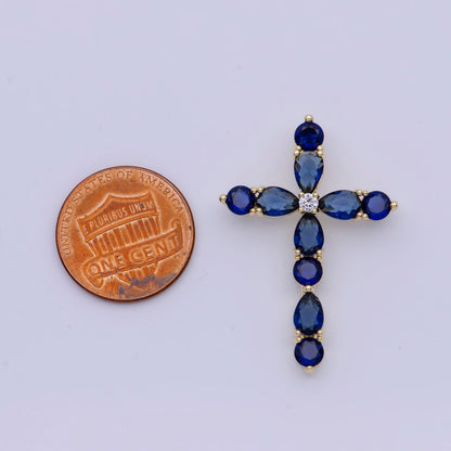 Religious Gold Cross Blue/Green Round Teardrop Cubic Zirconia Pendant Slider For Necklace | X-500 X-501