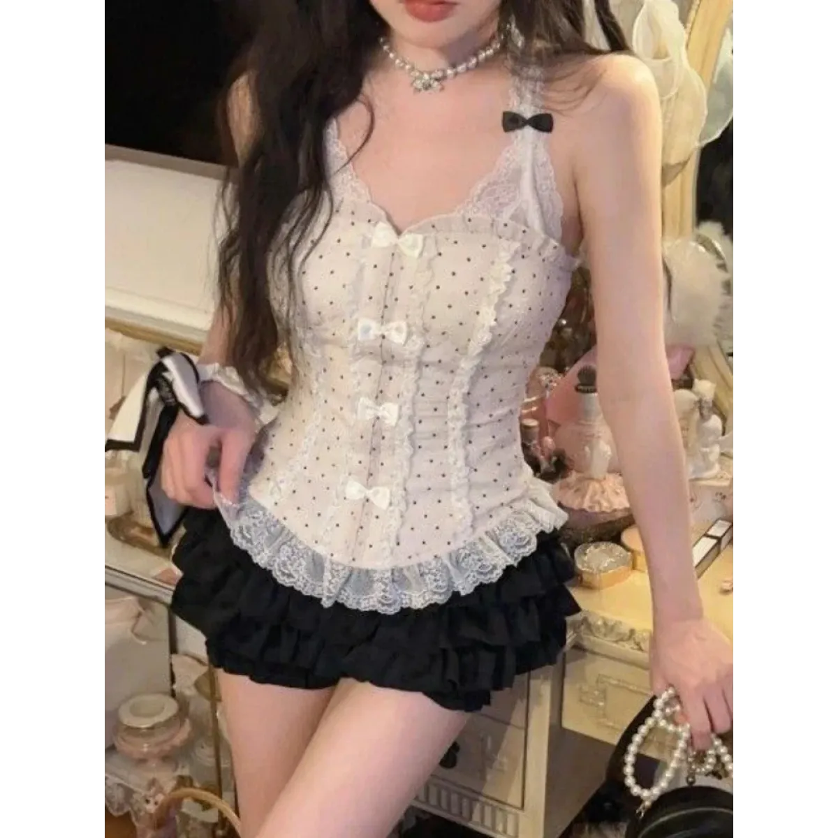 Lace Halter Top &amp; Ruffle Skirt Set – Kawaii Lolita Y2K