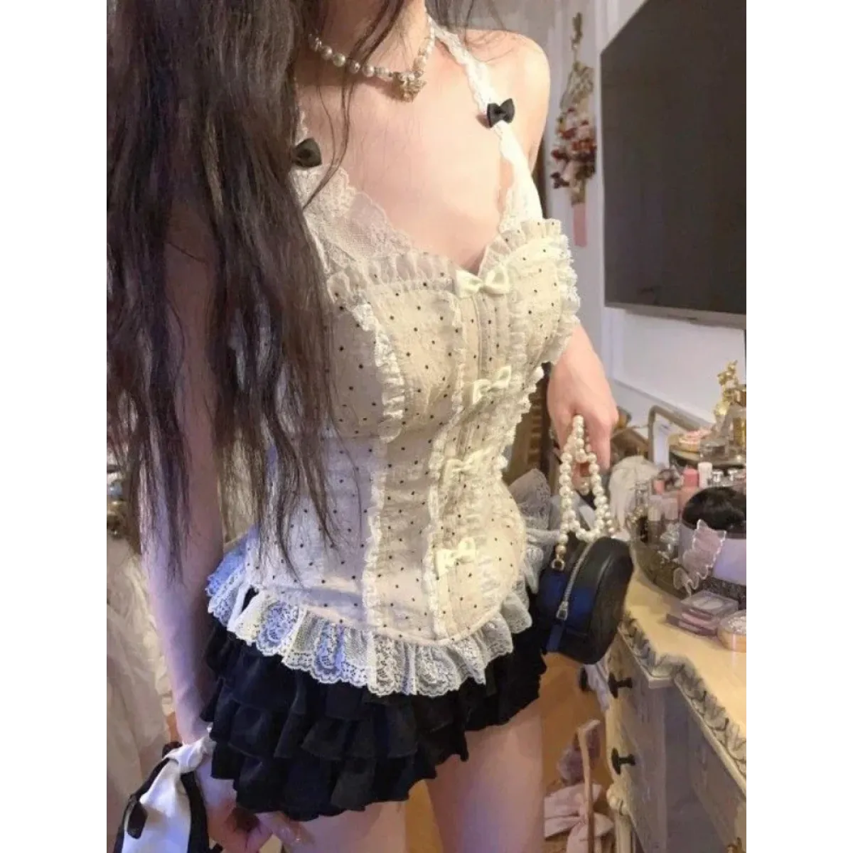 Lace Halter Top &amp; Ruffle Skirt Set – Kawaii Lolita Y2K