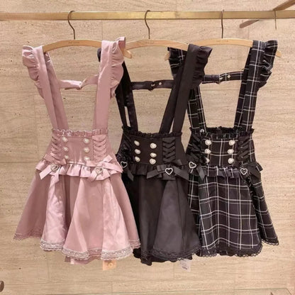 Gothic Lolita Suspender Skirt – Lace Trim Bowknot A-Line Mini