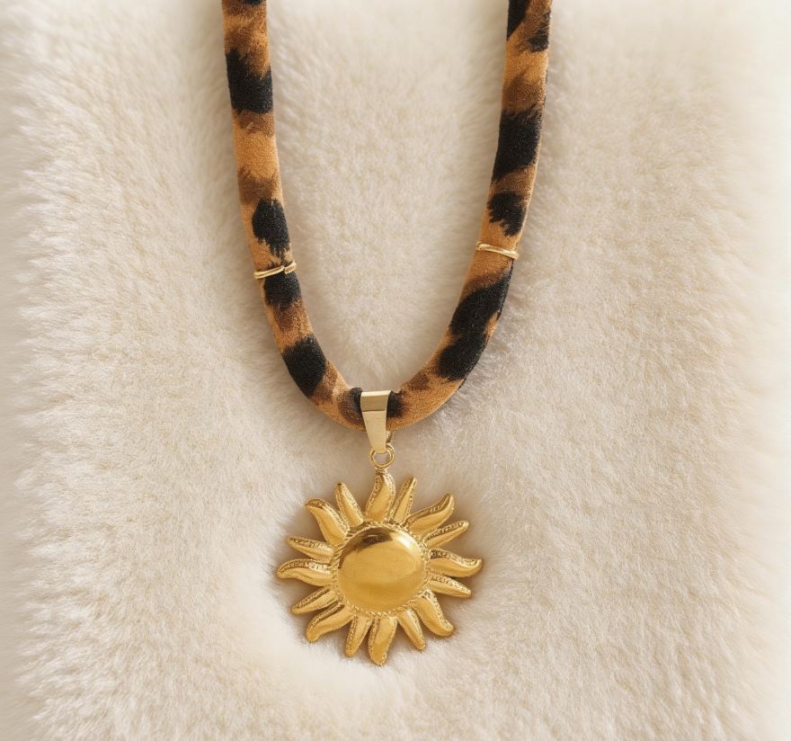 Leopard Print Ribbon Necklace with Sun &amp; Gecko Charms