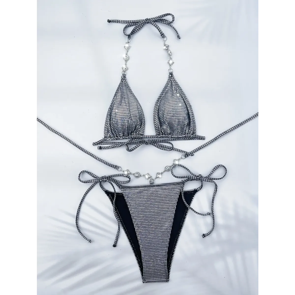 Rhinestone Halter Bikini Set – Glitter Tie Thong Swimwear