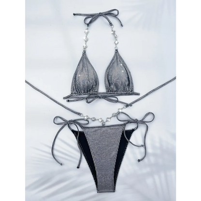 Rhinestone Halter Bikini Set – Glitter Tie Thong Swimwear
