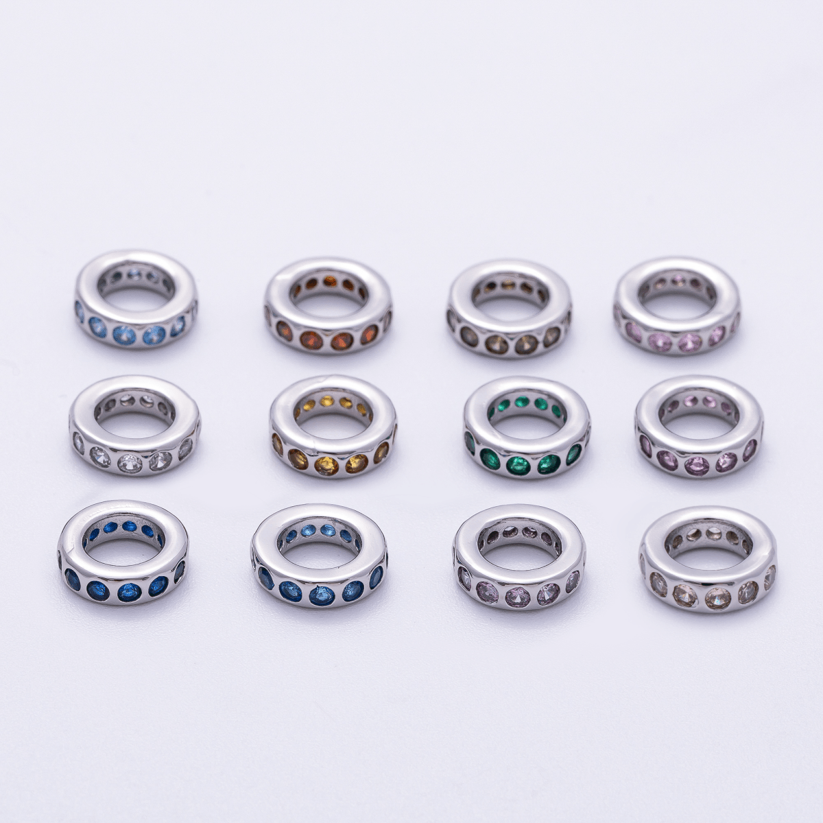 Rhodium Plated 10mm Personalized Round Beaded Birthstone CZ Rondelle Spacer Set | Beads-00260 ~ Beads-00271