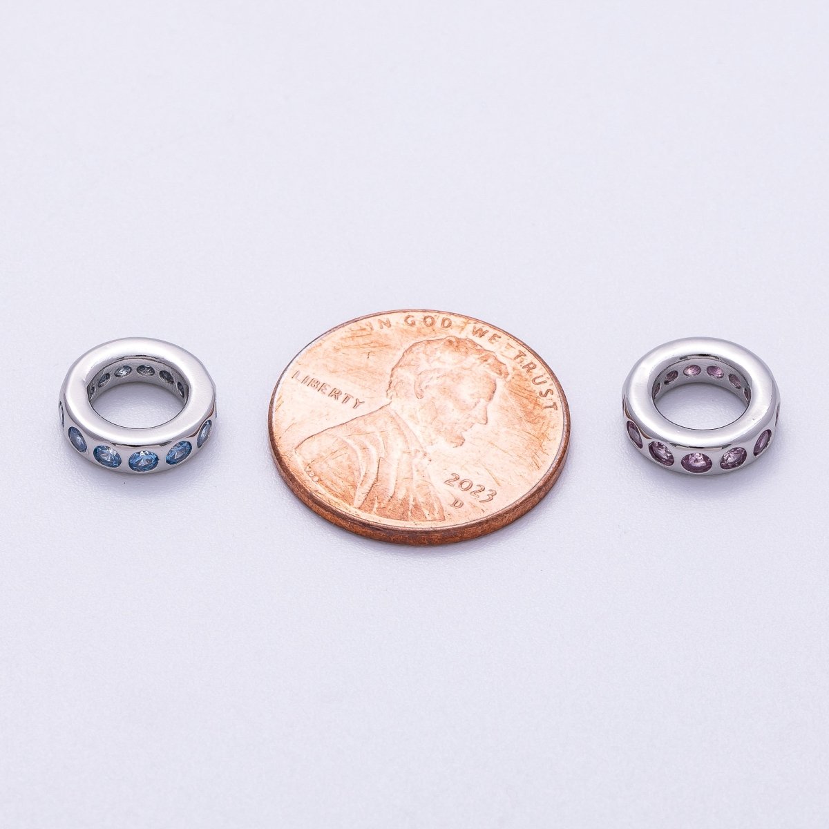 Rhodium Plated 10mm Personalized Round Beaded Birthstone CZ Rondelle Spacer Set | Beads-00260 ~ Beads-00271