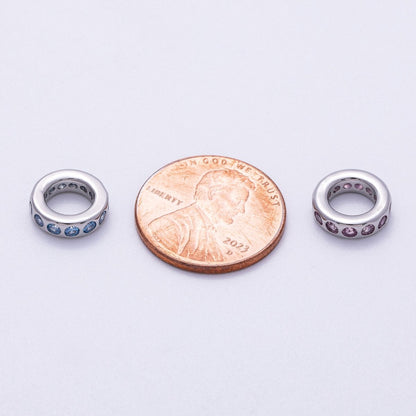 Rhodium Plated 10mm Personalized Round Beaded Birthstone CZ Rondelle Spacer Set | Beads-00260 ~ Beads-00271