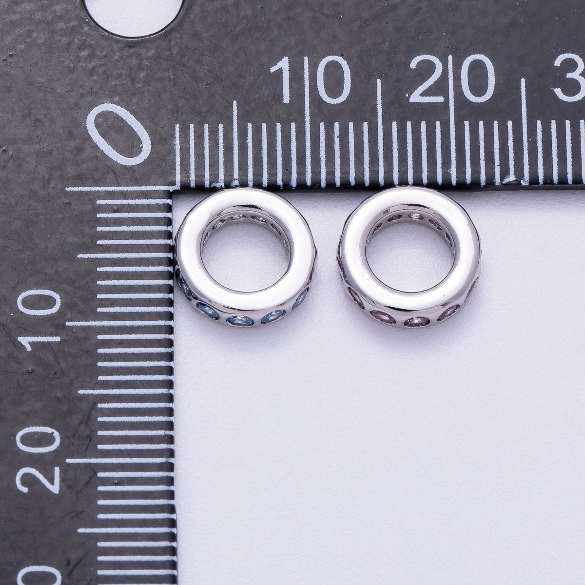 Rhodium Plated 10mm Personalized Round Beaded Birthstone CZ Rondelle Spacer Set | Beads-00260 ~ Beads-00271