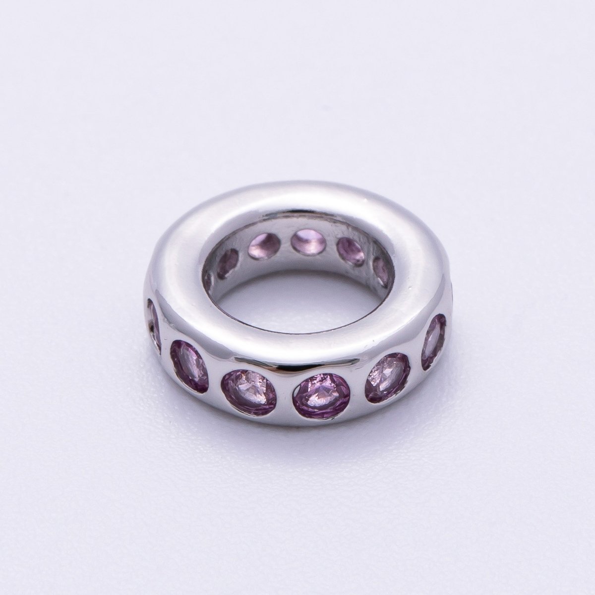 Rhodium Plated 10mm Personalized Round Beaded Birthstone CZ Rondelle Spacer Set | Beads-00260 ~ Beads-00271