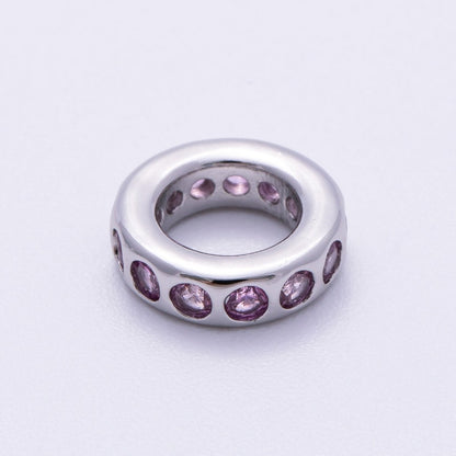 Rhodium Plated 10mm Personalized Round Beaded Birthstone CZ Rondelle Spacer Set | Beads-00260 ~ Beads-00271