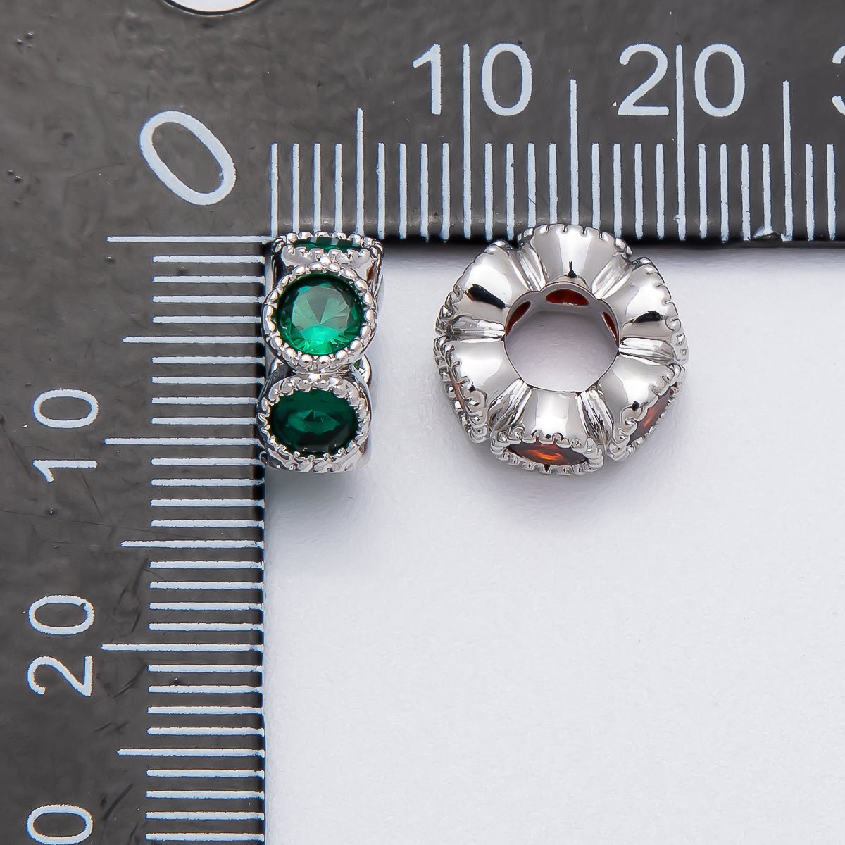Rhodium Plated 11mm Personalized Round Beaded Birthstone CZ Rondelle Spacer Set | Beads-00208 - Beads-00219