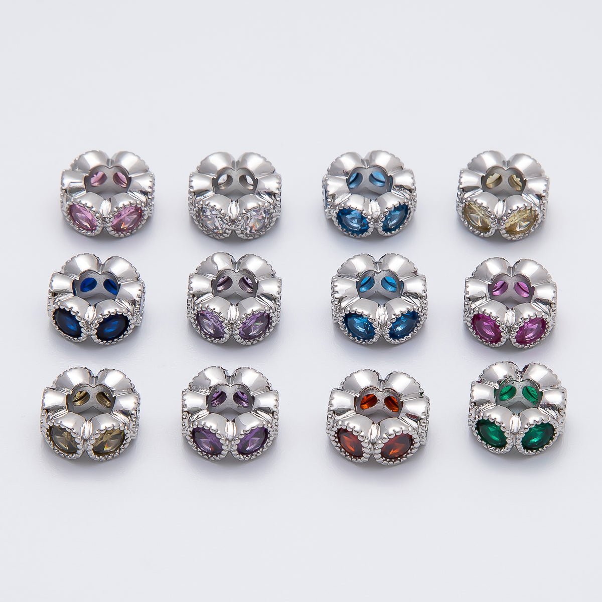 Rhodium Plated 11mm Personalized Round Beaded Birthstone CZ Rondelle Spacer Set | Beads-00208 - Beads-00219