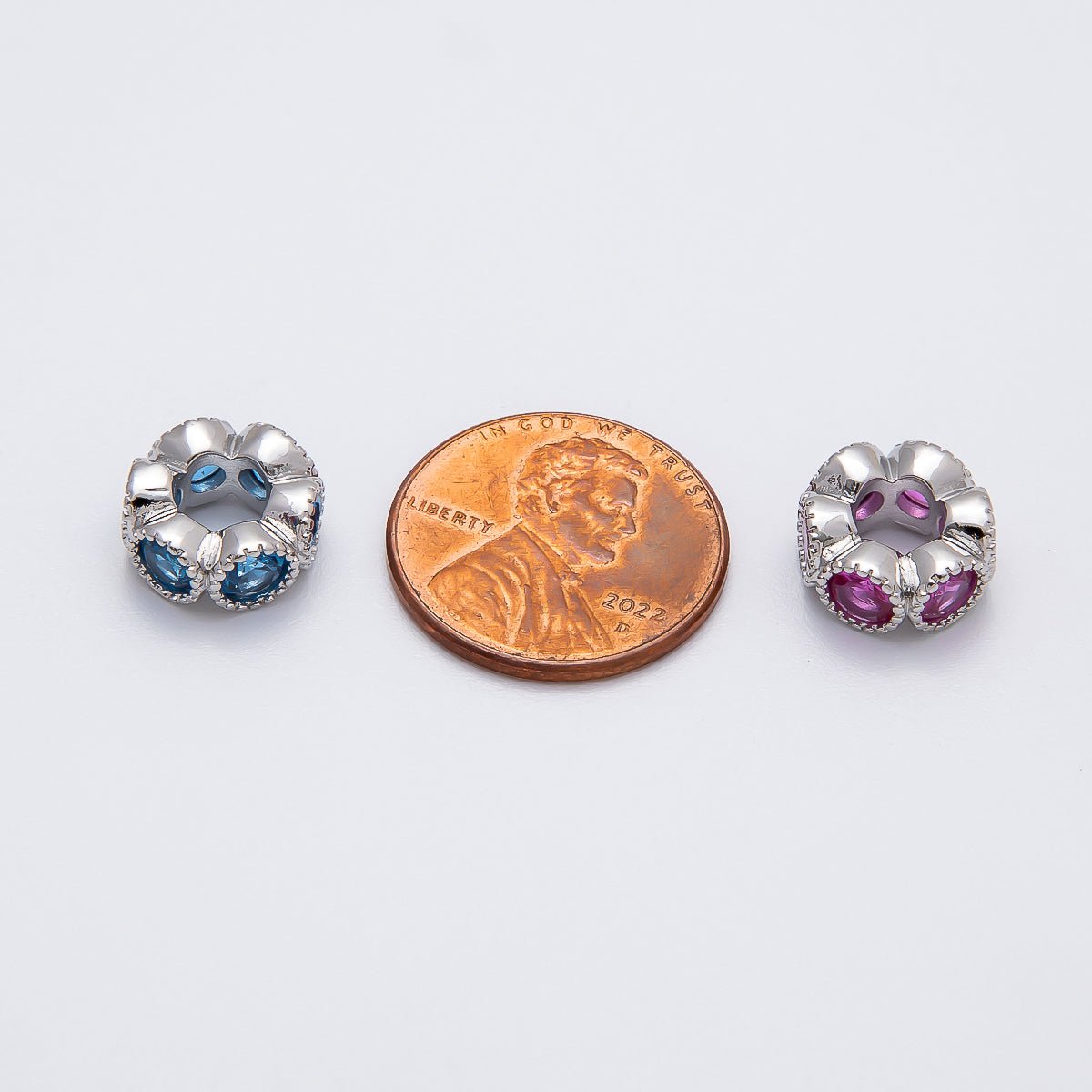 Rhodium Plated 11mm Personalized Round Beaded Birthstone CZ Rondelle Spacer Set | Beads-00208 - Beads-00219