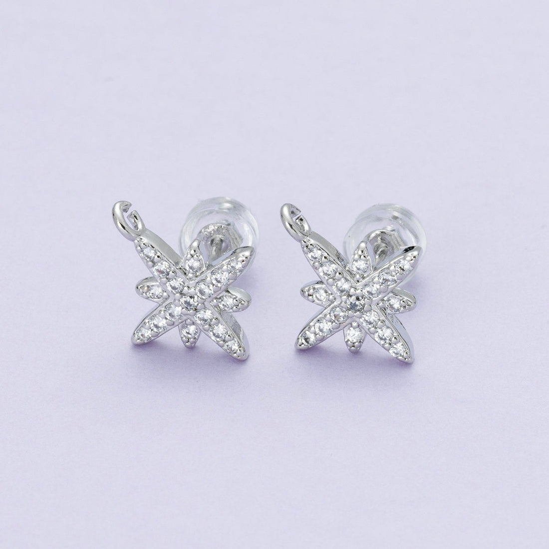 Rhodium Plated 14mm Micro Paved CZ Celestial North Star Drop Stud Earrings | Findings-00087