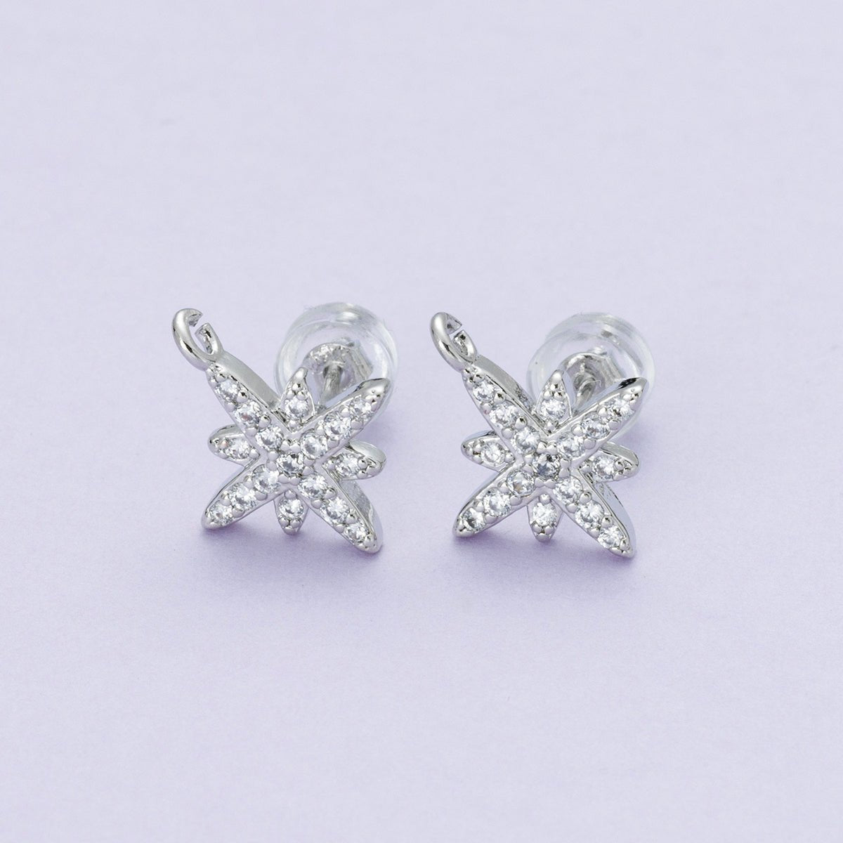 Rhodium Plated 14mm Micro Paved CZ Celestial North Star Drop Stud Earrings | Findings-00087
