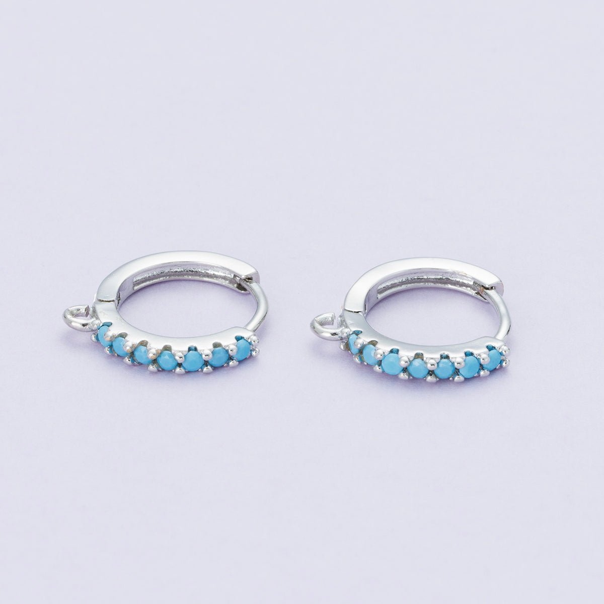 Rhodium Plated 14mm Pink, Turquoise CZ Micro Paved Open Loop Drop Huggie Earrings | Findings-00085