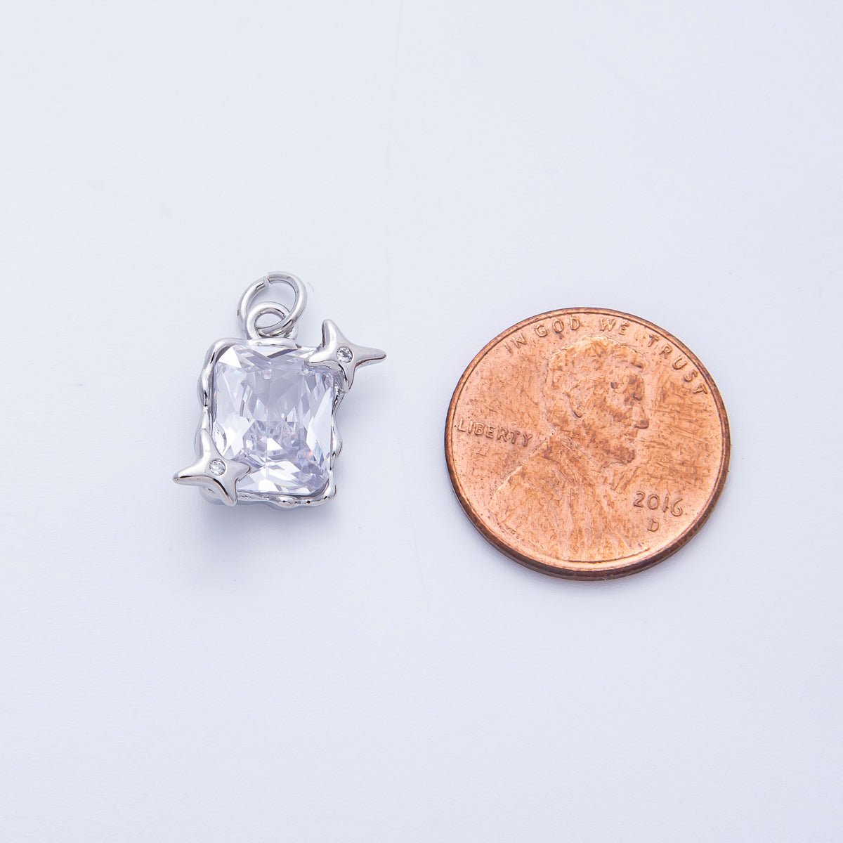 Rhodium Plated 15.5mm Clear CZ Celestial Star Baguette Charm | Charms-00393