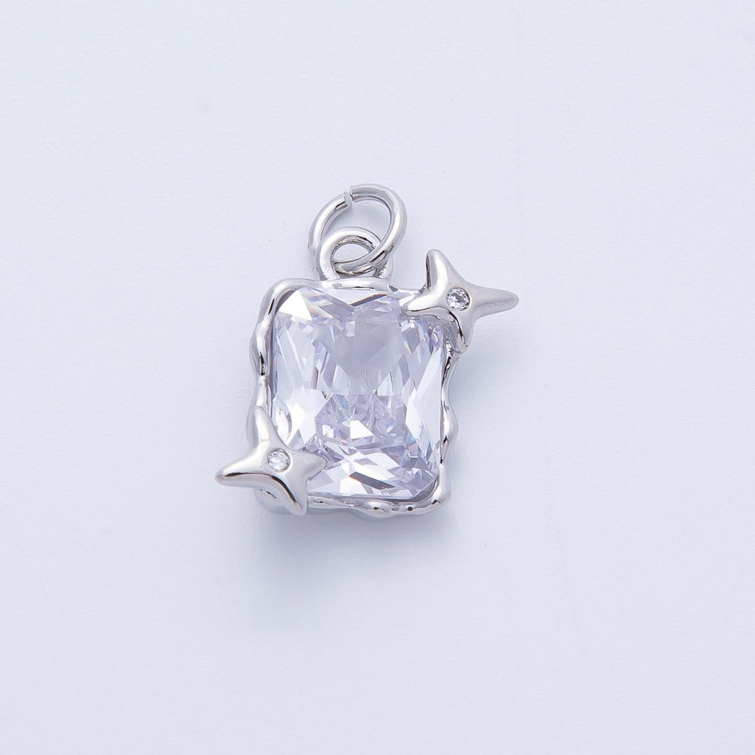 Rhodium Plated 15.5mm Clear CZ Celestial Star Baguette Charm | Charms-00393