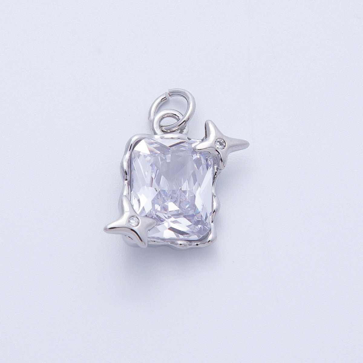 Rhodium Plated 15.5mm Clear CZ Celestial Star Baguette Charm | Charms-00393