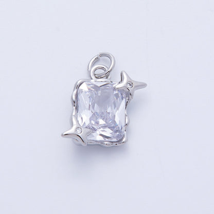 Rhodium Plated 15.5mm Clear CZ Celestial Star Baguette Charm | Charms-00393