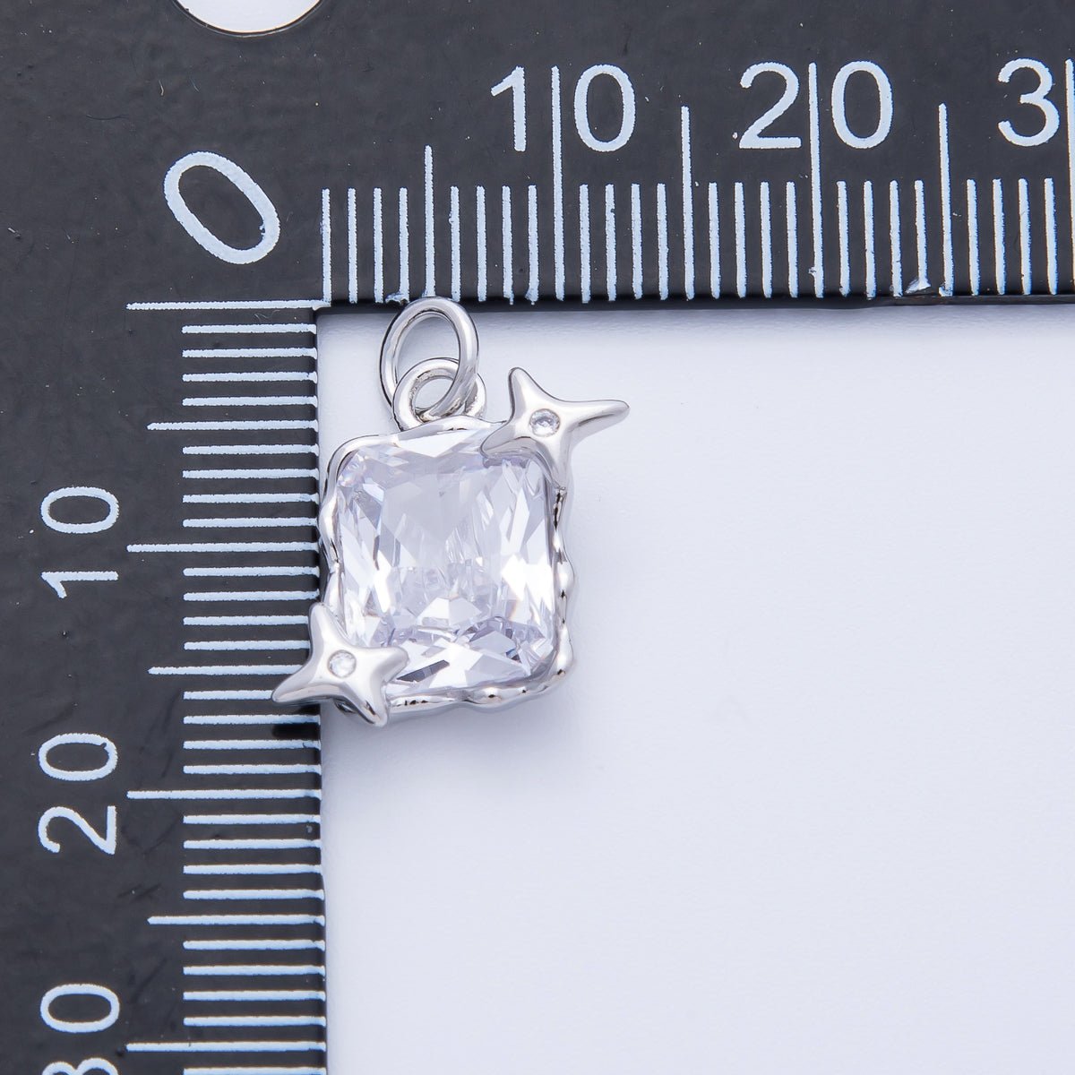 Rhodium Plated 15.5mm Clear CZ Celestial Star Baguette Charm | Charms-00393