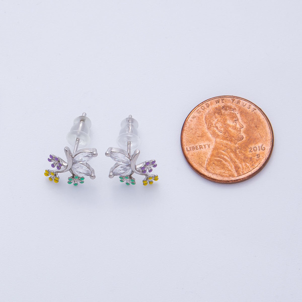 Rhodium Plated 15mm CZ Enamel Butterfly Wing Flower Stud | Earrings-00229