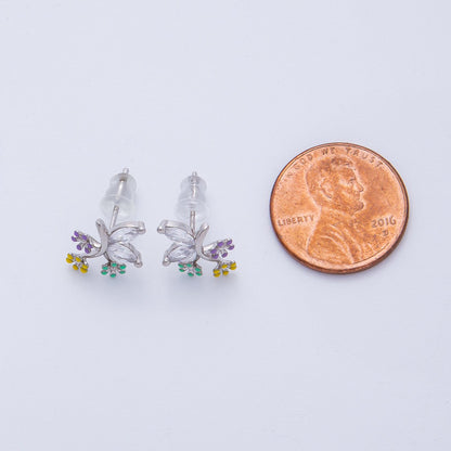 Rhodium Plated 15mm CZ Enamel Butterfly Wing Flower Stud | Earrings-00229