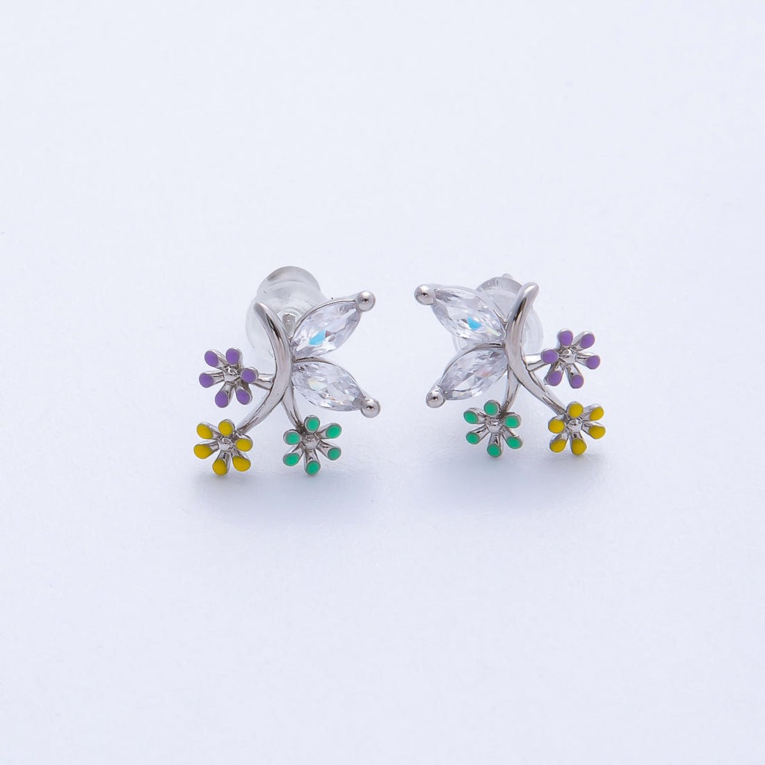 Rhodium Plated 15mm CZ Enamel Butterfly Wing Flower Stud | Earrings-00229