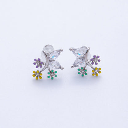Rhodium Plated 15mm CZ Enamel Butterfly Wing Flower Stud | Earrings-00229