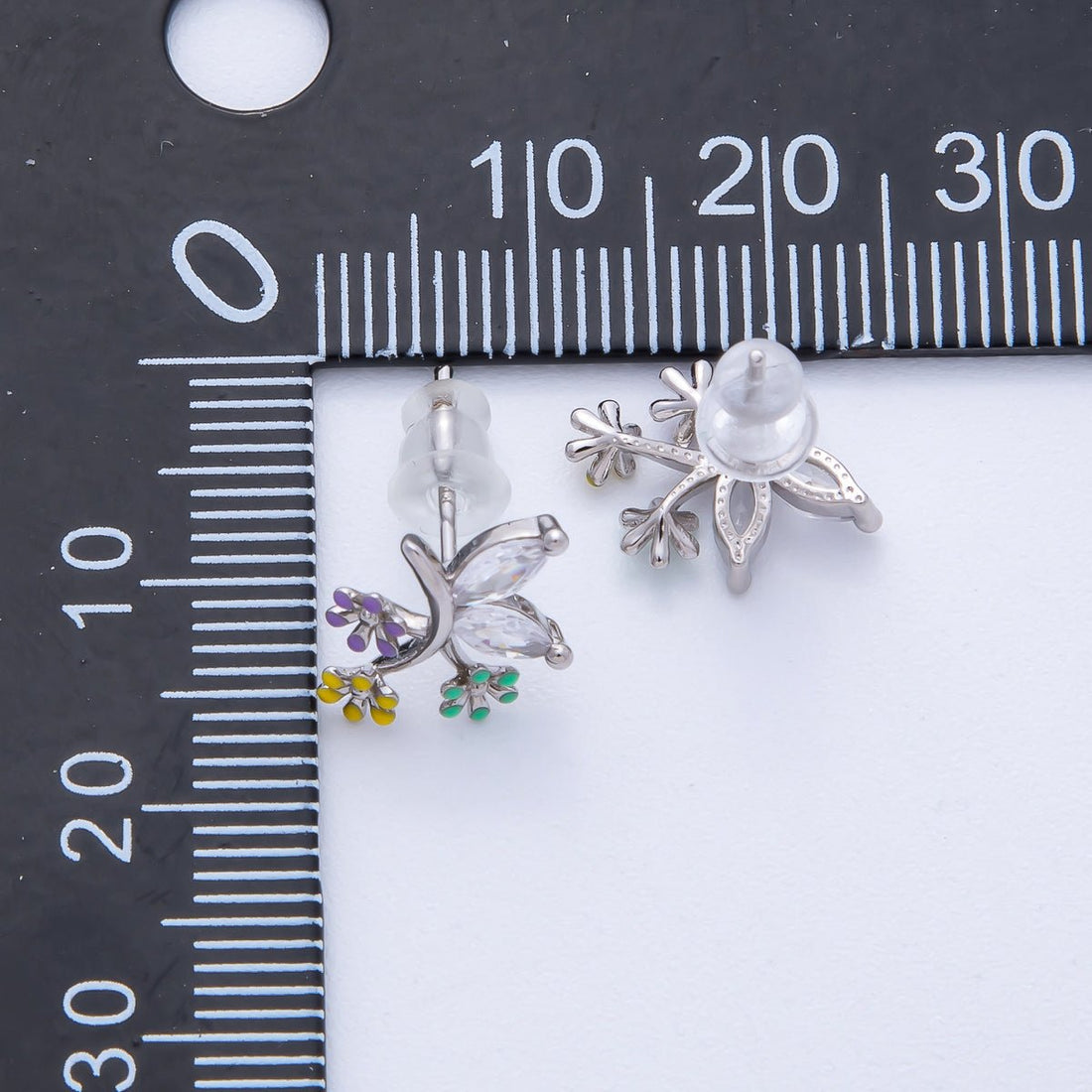 Rhodium Plated 15mm CZ Enamel Butterfly Wing Flower Stud | Earrings-00229